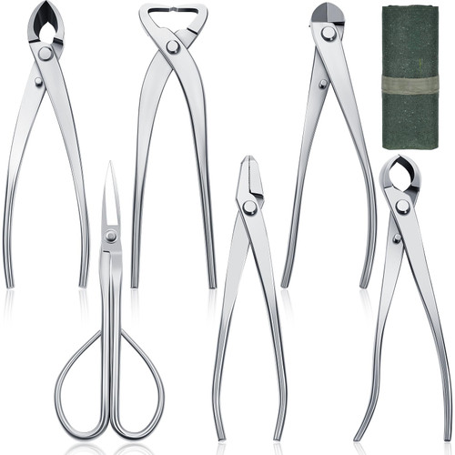 Nuogo 6 Piece Bonsai Tool Set with Roll Bag 8 Inch Heavy Duty Gardening Pruning and Care Kit Concave Knob Wire Cutter Trunk Splitter Jin Pliers Scissors