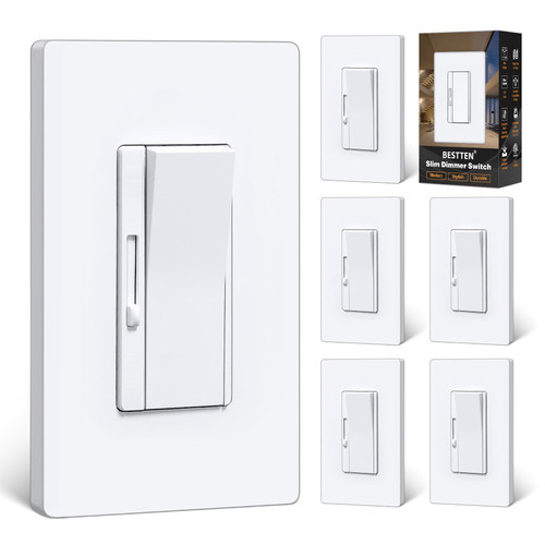 BESTTEN 6PK Slim Dimmer Light Switch, Single Pole or 3 Way Dimmable Switch