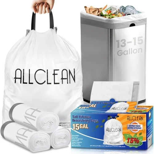 Trash Bags 15 Gallon Tall Kitchen Drawstring Garbage Bag Fit 13-15 Gal Bins