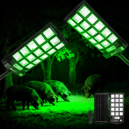 BINGLUX Hog Lights for Night Hunting 20000LM - 2Pack Green Light for Hunting Hogs with 9.3" Metal Light Bracket, Motion Sensor & 65FT Remote, Waterproof Solar Hog Feeder Lights for Deer Coyote Varmint