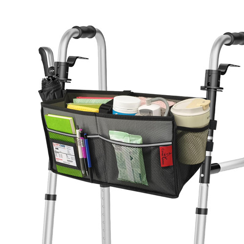 Walker Basket for Width 16"-20" Folding Walkers, Large Capacity Walker Storage Baskets with Cup Holder & Multiple Pocket, Easy to Use Walker Tote Bag for Seniors, Grey