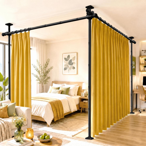 AKTOP Extra Long Room Divider Curtain Rod, No Drill Tension Rod, Black
