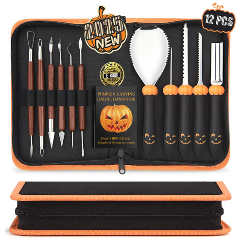 Upgraded Pumpkin Carving Kit for Adults & Kids with Professional Detail Sculpting Tools, Heavy Duty Stainless Steel Knife Set with Carrying Case for Halloween Decoration