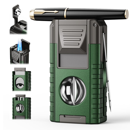 6-in-1 Torch Lighter with V & Straight Cutter, Punch, Holder, Draw Enhancer Tool, Triple Windproof Flame, All-in-one Cool Lighters with Gift Box, Refillable Butane Lighters for Men, Candle
