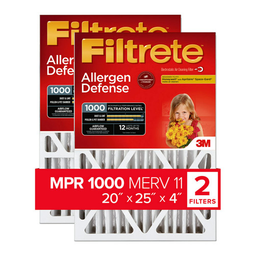 Filtrete 20x25x4 Air Filter MERV 11, MPR 1000 Micro Allergen Defense 2-Pack, Fits Honeywell & AprilAire, AC Furnace HVAC Filters for Home, Pleated Electrostatic (Actual Size 19.88 x 24.63 x 4.31 in)