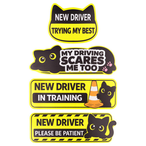 New Driver Magnet for Car, 4Pcs Black Cat Yellow New Driver Sticker Student Driver Magnet for Car, Removable Reflective Waterproof New Driver Trying My Best Funny Car Magnets