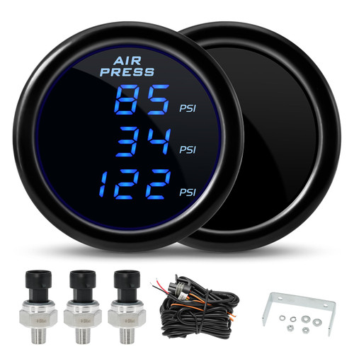 Triple Digital Air Ride Pressure Gauge 2-1/16" 0-220 PSI MAIMEIMI Car Suspension Gauge Kit 2inch 52mm Air Ride Air Pressure Gauge Set with 3PCS 1/8 NPT Sensors for Car & Truck