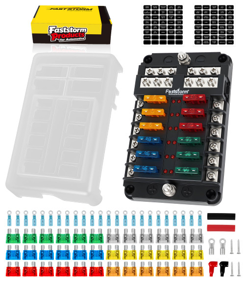 FASTSTORM 12 Way Fuse Block, Fuse Blocks 12 Volt Automotive with LED Indicator Water Resistant Marine Fuse Panel, Fuse Box 12V with 36 Blade Fuses for 12V/24V Auto Boat RV Golf Cart Truck Car Marine