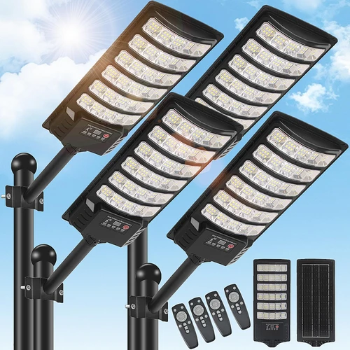 BrightWe 4 Pack Solar Street Light Outdoor 30000LM 6500K Waterproof Motion Sensor LED Solar Powered Flood Light with Remote Control Dusk to Dawn Commercial Area Lighting for Outside Parking Lot