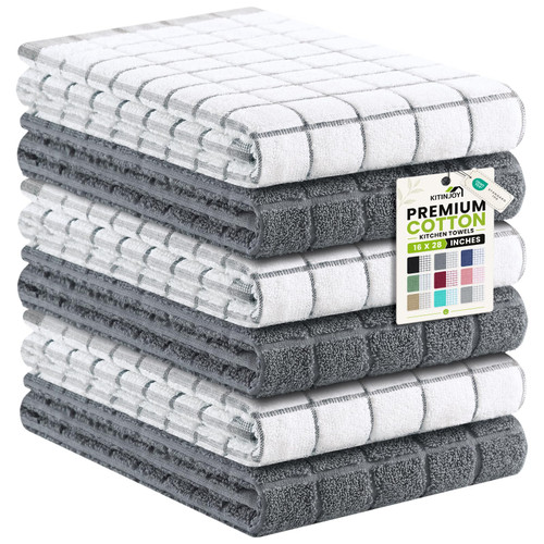 Kitinjoy Premium Kitchen Towels (16"x 28", 6 Pack), Large 100% Cotton Terry 390 GSM Kitchen Hand Towels, Ultra Absorbent Check Design Tea Towels Set with Hanging Loop, Grey
