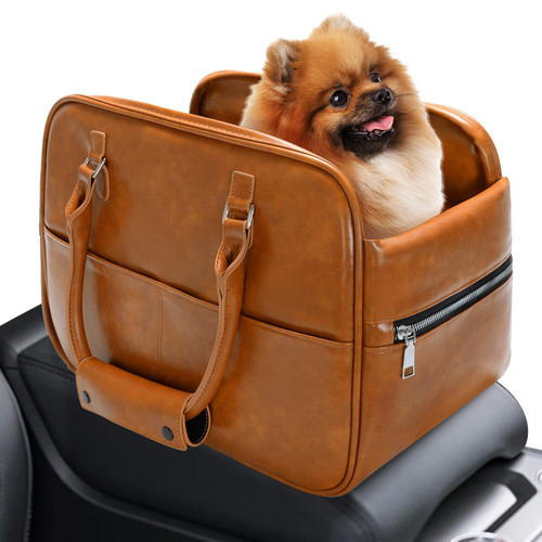 Center Console Dog Car Seat for Small Dog Cat, Luxury Vegan Leather Pet Booster Seat with Safety Leash, Portable Puppy Pet Carrier Soft-Sided Seats Up to 11lbs (Brown)