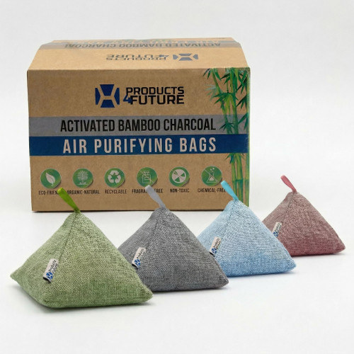 4 pack Naturally Activated Bamboo Charcoal Air Purifying Bags | Natural Home Deodorizer Bag | Charcoal Bag Odor Absorber For Pets | Odor Eliminator & Moisture Absorber Air Freshener Bag (200g Pyramid)