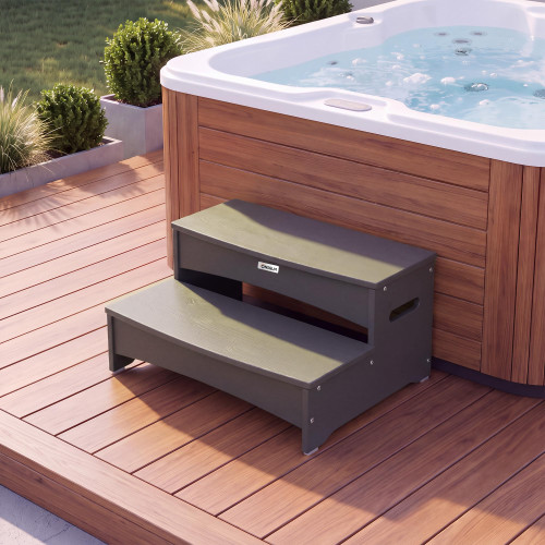 ONSGLM 25" Hot Tub Steps, HDPE Waterproof Hot Tub Stairs, Heavy Duty Outdoor 2-Step Stool, 600LBS Capacity Non-Slip Wooden Textured Spa Steps with Anti-Slip Feet, Multi-Use Porch Step, Gray