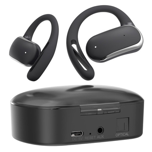 2.4GHz Wireless TV Headphones for Seniors, Open-Ear Hook Design for All-Day Comfort, Plug-and-Play (No Bluetooth), Low Latency, 50ft Range, Charging Case Transmitter with Optical & 3.5mm AUX Cables