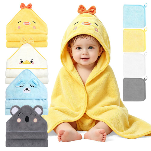 8 PCS Baby Bath Towels Set for Newborn Infants (Chick, Duck, Dog, Koala)