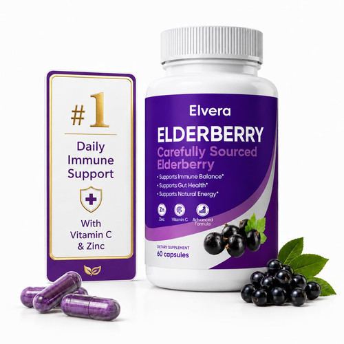 UOZXIL Elvera Elderberry Gut Support, 1200mg Elderberry Extract, Advanced Gut Support Complex with Vitamin C & Zinc, Daily Wellness Formula