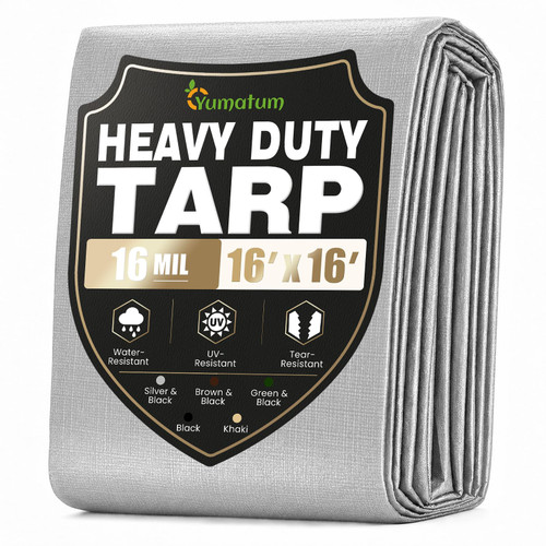 Yumatum 16 Mil 16x16 FT Heavy Duty Waterproof Tarps for Outdoor, Silver