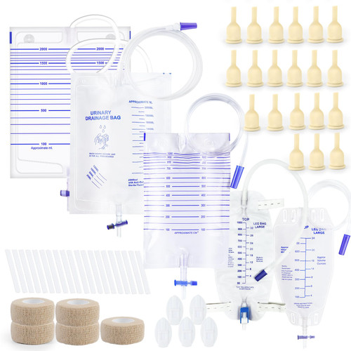 20 Latex External Catheters 30mm with Adhesive Strips Multi Bag Urine Collection Set Includes 2000ml Drainage Bags 1000ml Bag Leg Bags Wraps and Stabilizers