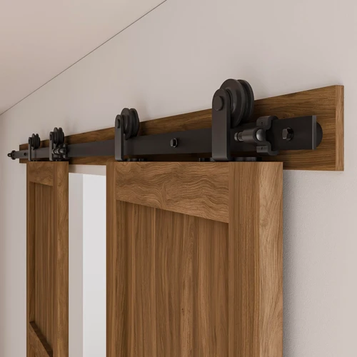 CCJH 7.5FT Sliding Barn Door Hardware Kit, Heavy Duty, Smoothly and Silently, Easy to Install, Fit 22.5" Width Double Door Panel, T-Shaped Style Black