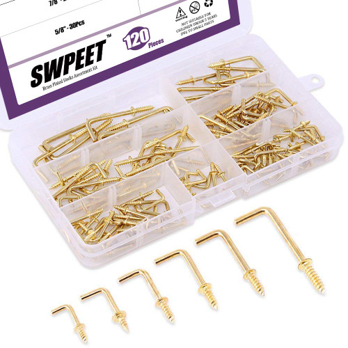 Swpeet 120Pcs 6 Sizes Gold Brass Plated Metal Screw-in Square Bend Hooks Kit, Gold Square Bend Hooks Self-Tapping Screws Hooks for Home/Workplace/Office