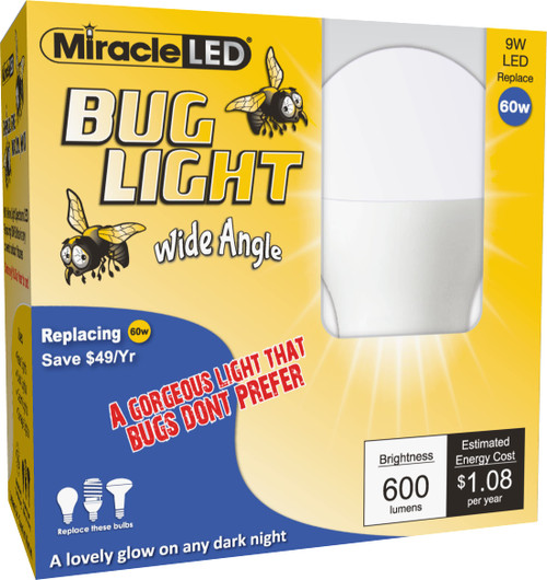 MiracleLED 604621 Wide Angle LED Bug Light, Amber Yellow, 9W Replacing 60W, 2 Count (Pack of 1)