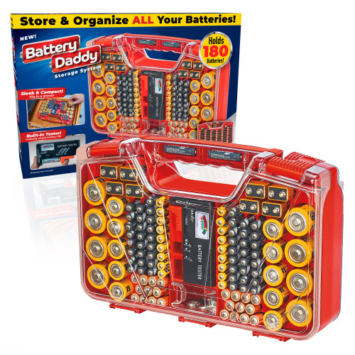 Ontel Battery Daddy Organizer Storage Case & Tester, Holds 180, Red