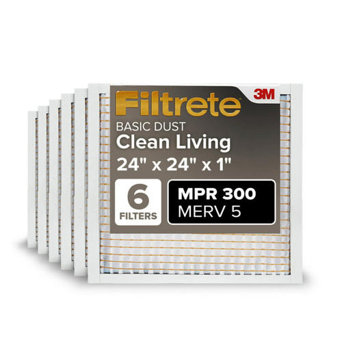 Filtrete 24x24x1 Air Filter, MERV 5, MPR 300, 6 HVAC Filters