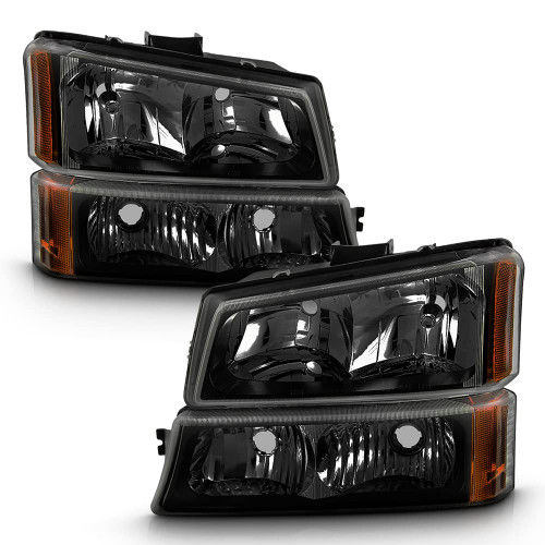 ACANII - For Black Smoke 2003-2006 Chevy Silverado Avalanche Headlights+Bumper Lamps 4PC Set Driver + Passenger Side