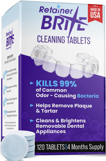 Retainer Brite - Retainer Cleaner Tablets for Invisalign, Mouth Guard Cleaner, Night Guard Cleaning and More. Cleaning Tablets for Ultrasonic Cleaners. 120 Tablets - 4 Month Supply. Made in USA