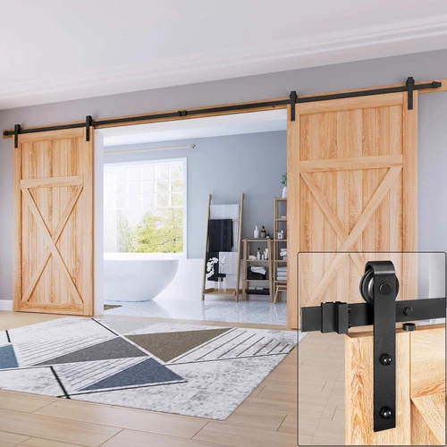 EaseLife 16 FT Double Door Sliding Barn Door Hardware Track Kit,Basic J Pulley,Slide Smoothly Quietly,Easy Install (16FT Track Kit for Double 48" Wide Door)
