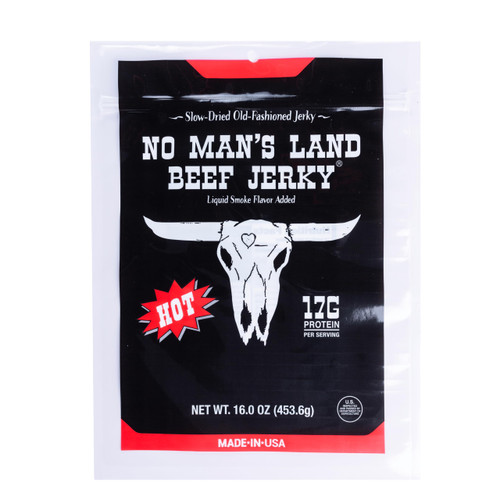 No Man's Land HOT Beef Jerky, Hand-Cut Steak, Slow-Dried, 17g Protein Per Serving, 0g Sugar, No MSG, No Nitrates, Premium Cut Spicy Jerky, Made in Oklahoma (16oz)