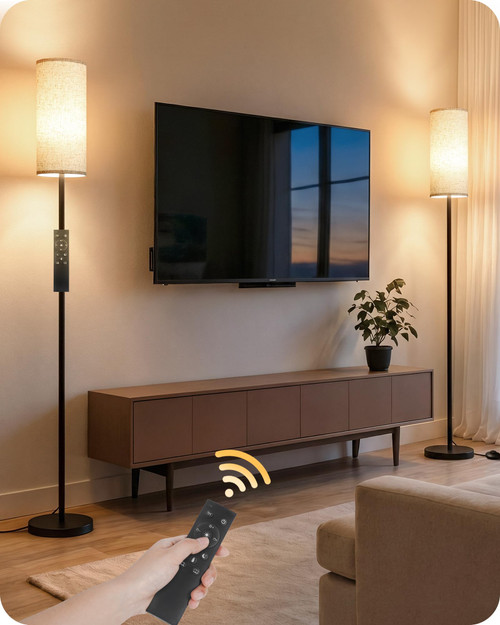 Set of 2 Slim Floor Lamps for Living Room with 2 Magnetic Remotes and Foot Switch, Dimmable Standing Lamp Mood for Bedroom Nursery, 3 Color Temperatures, 1-Hour Timer, 900LM Bulb Included, Beige Shade