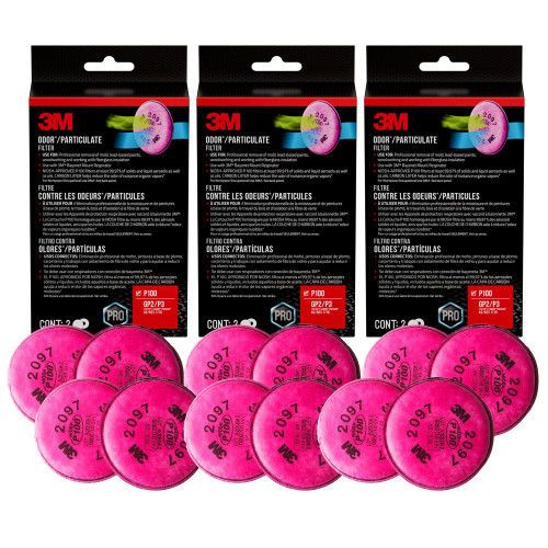 3M Performance P100 Particulate + Odor Filters, 2 Pairs, NIOSH-Approved, 99.97% Filtration Efficiency Against Solids & Liquid Aerosols, Use with 3M 6000, 6500 & 7500 Series (2097P2-DC), 3-Pack
