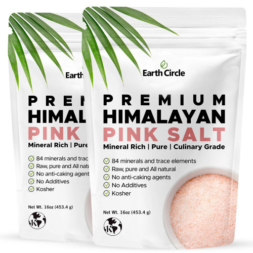 Earth Circle Premium Himalayan Unrefined Pink Fine Grain Salt, Pure Culinary Grade - Kosher, Nutrient and Mineral Dense, 1 Pound (Pack of 2)