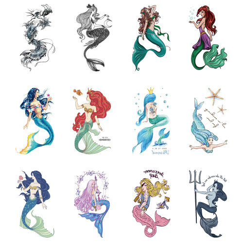 Zotemo 12 Pack Mermaid Temporary Tattoos, Waterproof Body Art Stickers for Women Kids Girls and Models (12-Sheet）