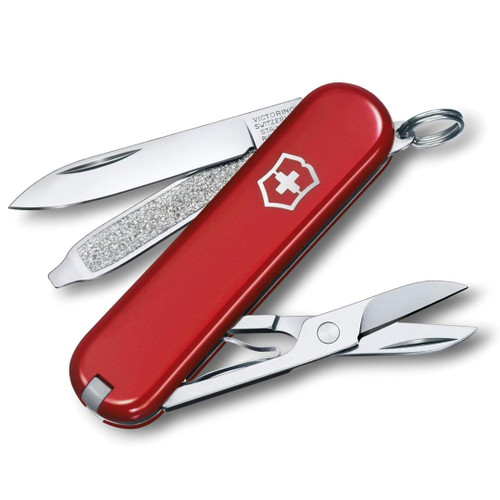 Victorinox Classic SD Swiss Army Knife, Compact, 7 Functions, Swiss Made Pocket Knife with Small Blade, Screwdriver and Key Ring - Style Icon (Red)