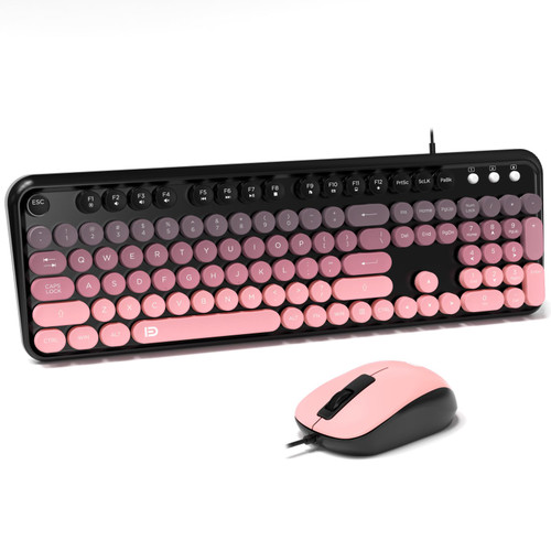 FOPETT 8870P Wired Keyboard and Mouse Combo - Full-Sized Computer Keyboards with 104 Round Keys Retro Typewriter Mouse and Keyboard for PC Windows Desktop Laptop - Pink Colorful
