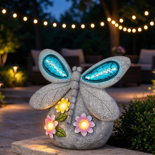 Dragonfly Garden Decor with Solar Cracked Glass Wings & Flower Lights