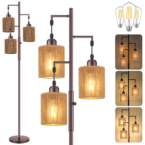 Hotsonic 72" Boho Rattan Tree Floor Lamp, Tall Dimmable Industrial Standing Lamp, Corner Decor Accent Lighting for Living Room, Bedroom, Dining Room, Nursery, Cafe (3 x 800LM Bulbs Included) - Brown