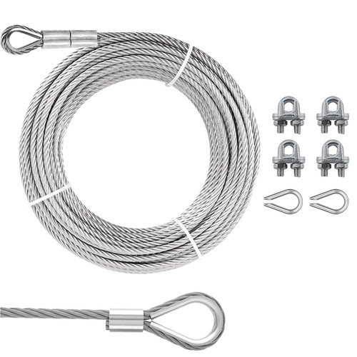 1/4" Steel Cable Kit, PIUM 50 Ft 7x19 Strand Aircraft Cable with Loops, Heavy Duty Wire Rope 6400 lbs Breaking Strength with Clamps and Thimbles for Zipline, Boat Lift, Outdoor Use