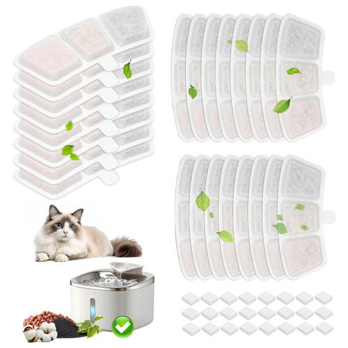 BUAEL 24+24 Pack Replacement Filters for Oneisall PW04 3.5L Wireless Cat Water Fountain, Includes 24 Filters & 24 Sponges (24Pack)