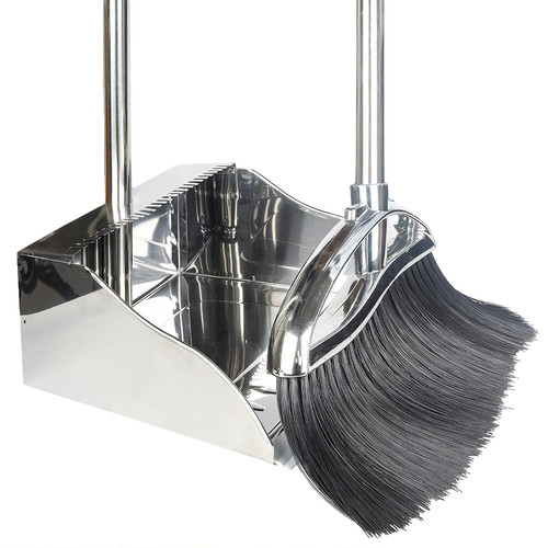GLOYY Indoor Broom and Dustpan Comb Set,Heavy Duty Stainless Steel Metal Dust Pan with Long Handle Sweeping Soft Bristles Broom for Floor Home Lobby Office
