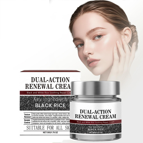 Dual-Action Renewal Cream, Professional Skin Treatment, Black and White Rice Soothing Repair Cream, Natural Body Serum Suitable for All Skin Types
