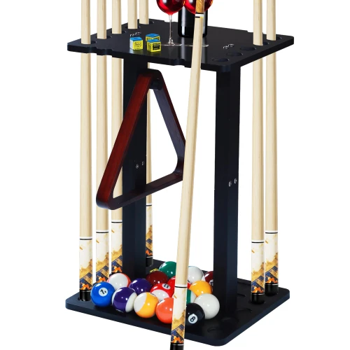 Pool Stick Holder with Multiple Storage, Floor-Standing Pool Cue Rack for 10 Cues, Pool Balls and Accessories, Wooden Billiard Equipment Storage Organizer for Billiard Room, Pool Table, or Game Club