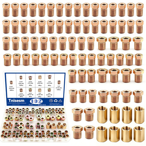 Tnisesm 102Pcs 3/16" & 1/4" Brake Line Fittings Assortment Kit,3/8 Inch-24 Threads Nuts and Unions,7/16Inch-24,1/2 Inch-20,9/16 Inch-18,7/16 Inch-24 Threads Nuts and Unions