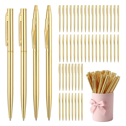 50 Pcs Metallic Gold Pens for Writing Ballpoint Bulk, Gold Pen for Wedding Guest Book Metal Slim Twist-Action Design, Wedding Pens Black Ink 1.0 mm Bridal Shower Business Office Teachers(2 Styles)
