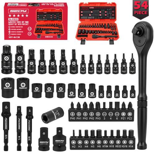 54-Piece Master Torx Bit Socket Set, T8-T70 Star Bits and E4-E24 E-Torx Sockets, Ratchet Wrench, 1/4" Bit Holder, S2 Steel Bits, CR-V Sockets, Extension Bars and Adapters for Auto Repair