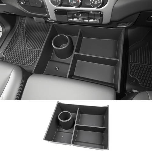 Center Console Floor Organizer for 2013-2018 Dodge Ram 1500 & 2019-2024 Ram 1500 Classic & 2013-2026 Ram 2500 3500 Accessories, Beach Seat Storage Box Tray with Cup Holder (Not for 2019-2026 New Body)