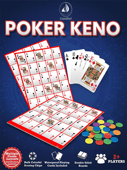 GrandSail Poker Keno Bingo Set: 12 Double-Sided Boards (12 Unique Layouts), 250 Chips, 1 Decks Waterproof Poker Cards. Family Casino Night Fun