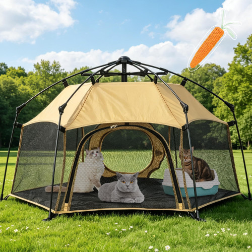 Catio Outdoor Cat Enclosure 44‘’ Cat Tent with 2 Doors, Waterproof & Portable, Mesh Wall, Connectable to Play Tunnels,Indoor/Outdoor Cats Enclosed Playpen for Patio Balcony Courtyard Camping-Tan